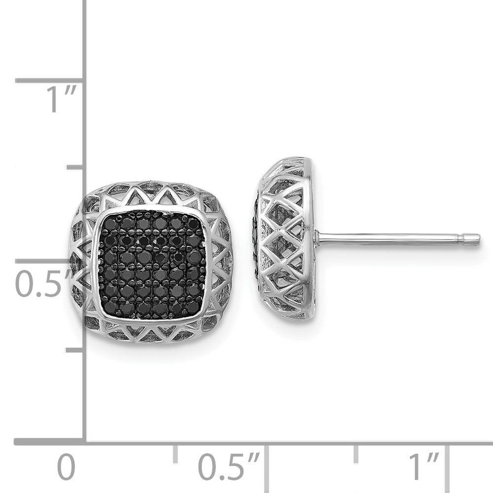 QE17407 Sterling Silver Rhodium-plated Polished Black Spinel Square Post Earrings