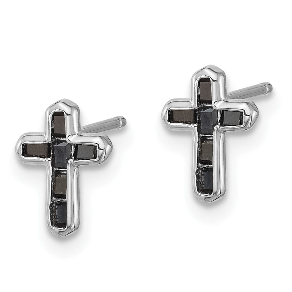 QE17410 Sterling Silver Rhodium-plated Polished Black Spinel Cross Post Earrings