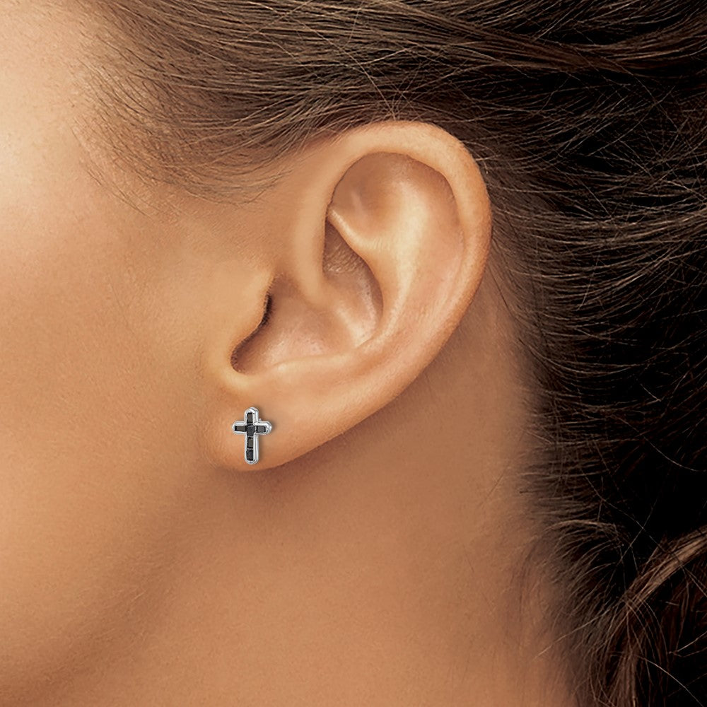 QE17410 Sterling Silver Rhodium-plated Polished Black Spinel Cross Post Earrings