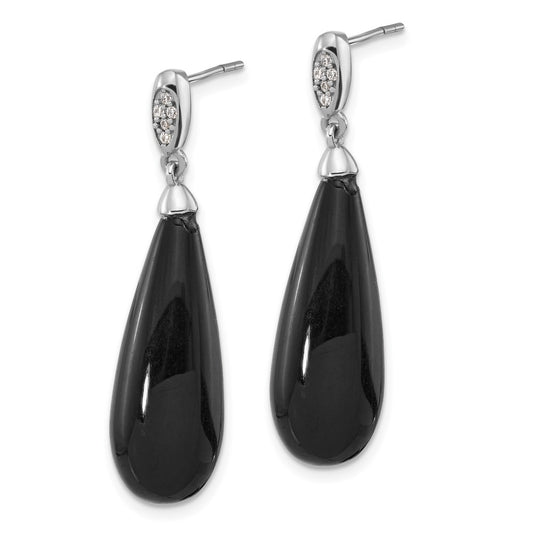 QE17414 Sterling Silver RH-plated Polished CZ & Onyx Teardrop Post Dangle Earrings