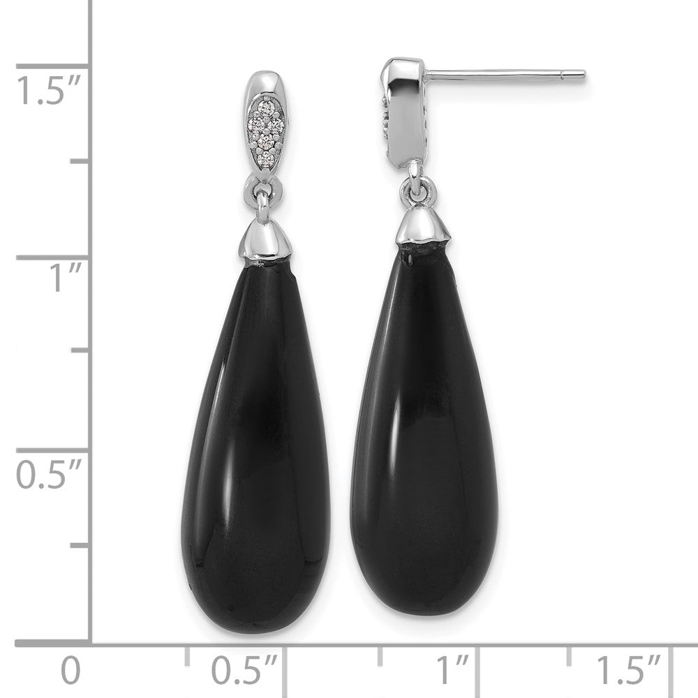 QE17414 Sterling Silver RH-plated Polished CZ & Onyx Teardrop Post Dangle Earrings