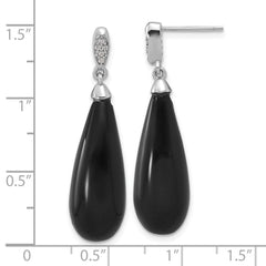 QE17414 Sterling Silver RH-plated Polished CZ & Onyx Teardrop Post Dangle Earrings