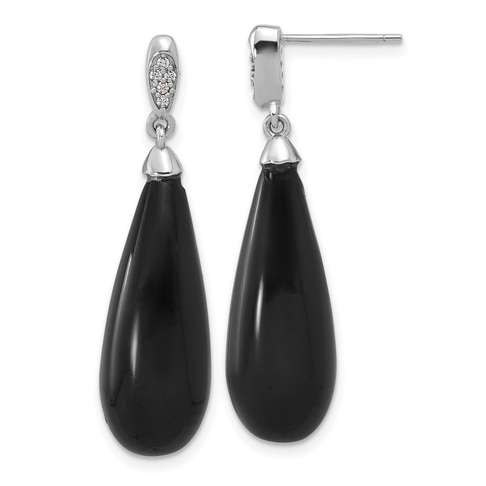 QE17414 Sterling Silver RH-plated Polished CZ & Onyx Teardrop Post Dangle Earrings