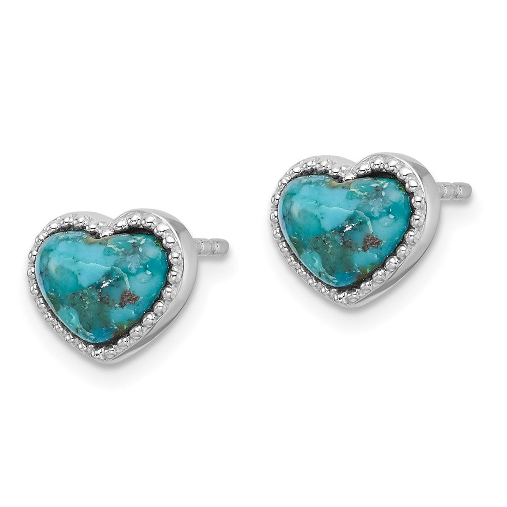 QE17417 Sterling Silver RH-pltd Beaded Edge Recon. Turquoise Heart Post Earrings