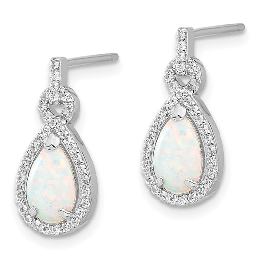 QE17436 Sterling Silver RH-plated Cr. Opal & CZ Teardrop Post Dangle Earrings