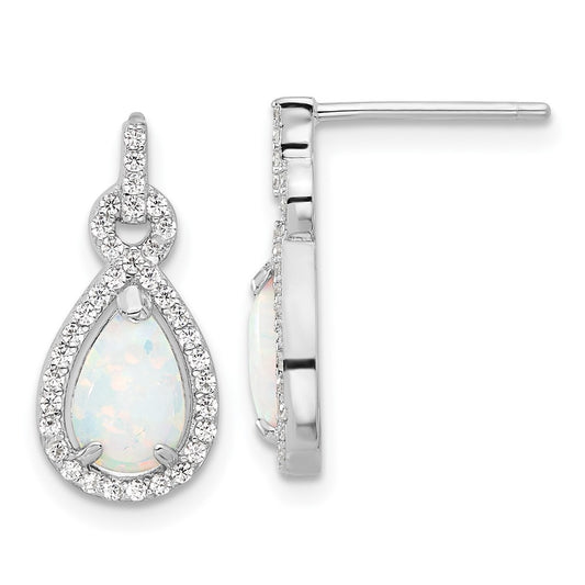 QE17436 Sterling Silver RH-plated Cr. Opal & CZ Teardrop Post Dangle Earrings
