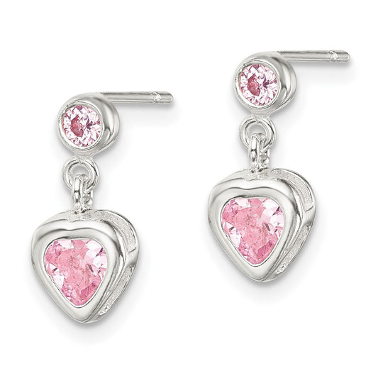 QE1744 Sterling Silver Polished Pink Heart CZ Post Dangle Earrings