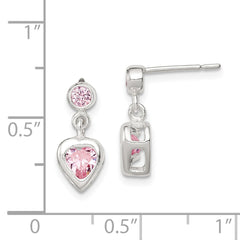 QE1744 Sterling Silver Polished Pink Heart CZ Post Dangle Earrings