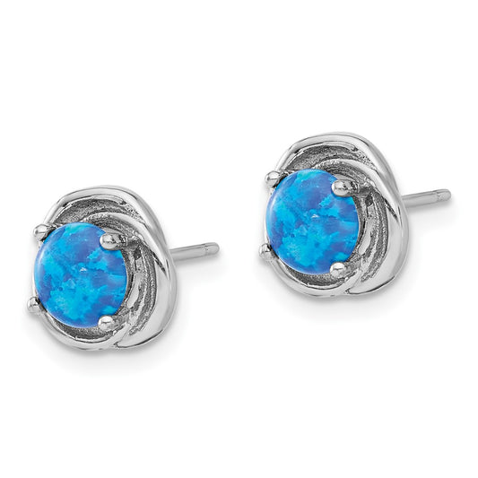 QE17440 Sterling Silver RH-plated Polished Blue Cr. Opal Swirl Circle Post Earrings