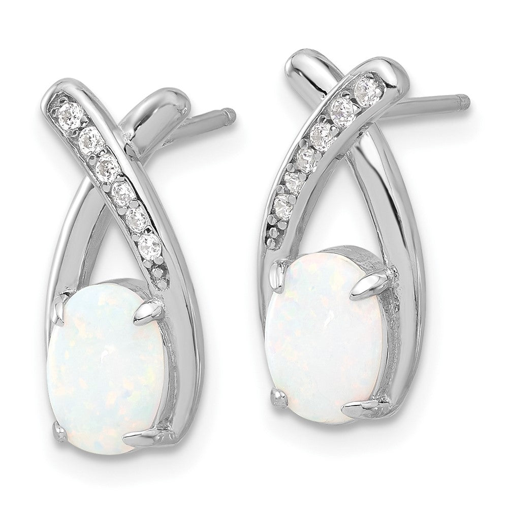 QE17441 Sterling Silver Rhodium-plated Polished CZ & Created Opal 'X' Post Earrings