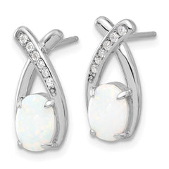 QE17441 Sterling Silver Rhodium-plated Polished CZ & Created Opal 'X' Post Earrings