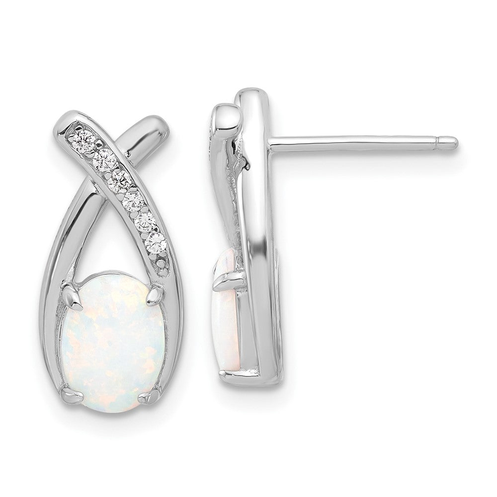 QE17441 Sterling Silver Rhodium-plated Polished CZ & Created Opal 'X' Post Earrings
