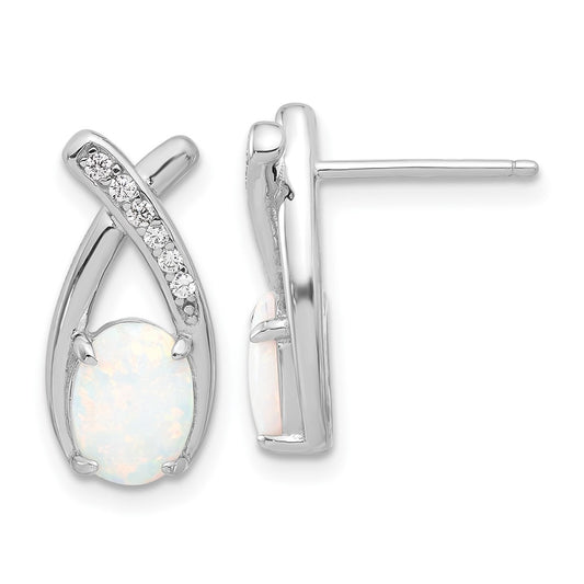 QE17441 Sterling Silver Rhodium-plated Polished CZ & Created Opal 'X' Post Earrings