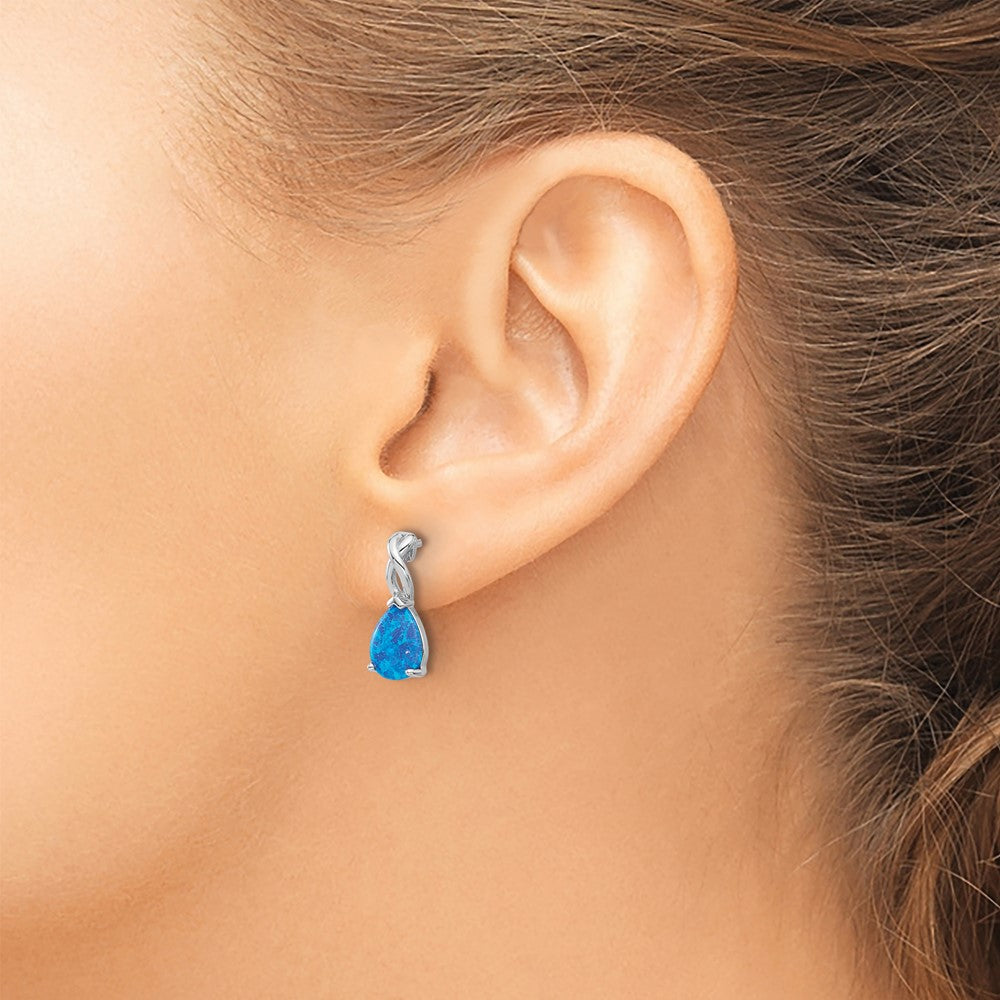 QE17442 Sterling Silver RH-plated Polished Blue Cr. Opal Teardrop Post Earrings