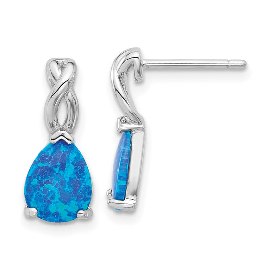 QE17442 Sterling Silver RH-plated Polished Blue Cr. Opal Teardrop Post Earrings