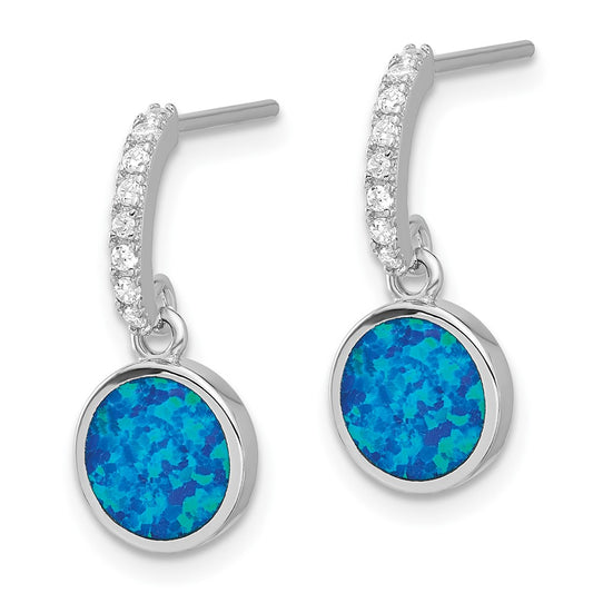QE17444 Sterling Silver RH-plated Polished CZ & Blue Cr. Opal Post Dangle Earrings