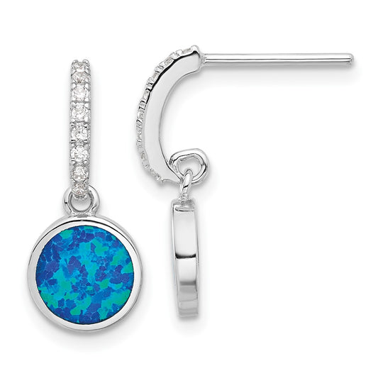 QE17444 Sterling Silver RH-plated Polished CZ & Blue Cr. Opal Post Dangle Earrings