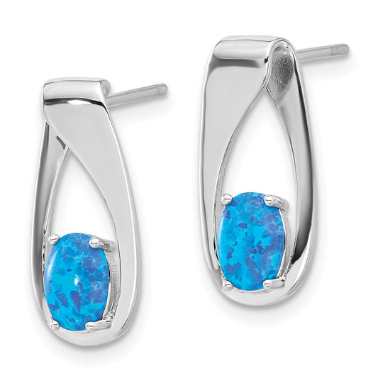 QE17446 Sterling Silver Rhod-plated Polished Blue Created Opal Oval Post Earrings