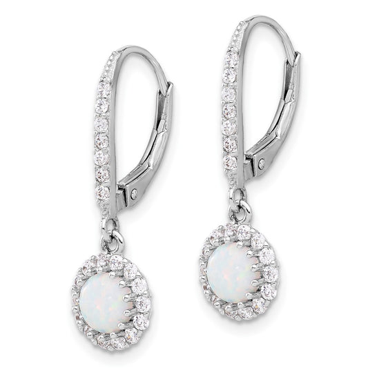 QE17449 Sterling Silver RH-plated CZ & Cr. Opal Halo Dangle Leverback Earrings