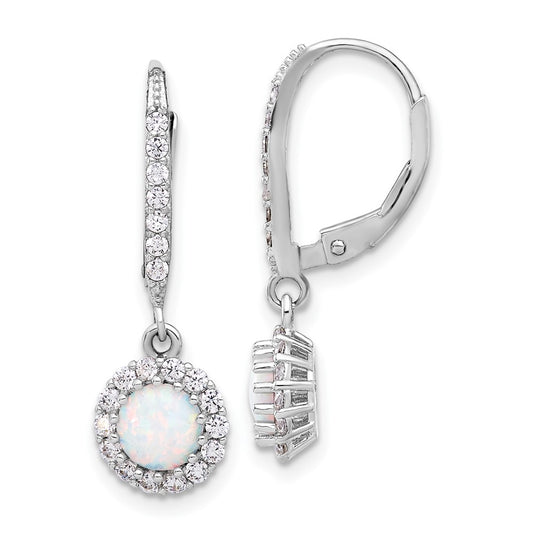 QE17449 Sterling Silver RH-plated CZ & Cr. Opal Halo Dangle Leverback Earrings