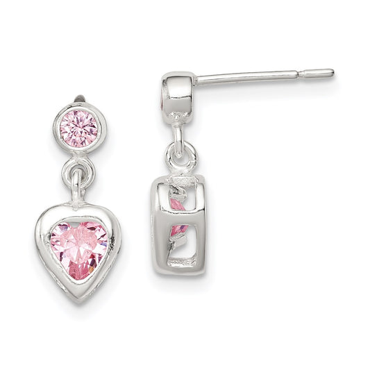 QE1744 Sterling Silver Polished Pink Heart CZ Post Dangle Earrings