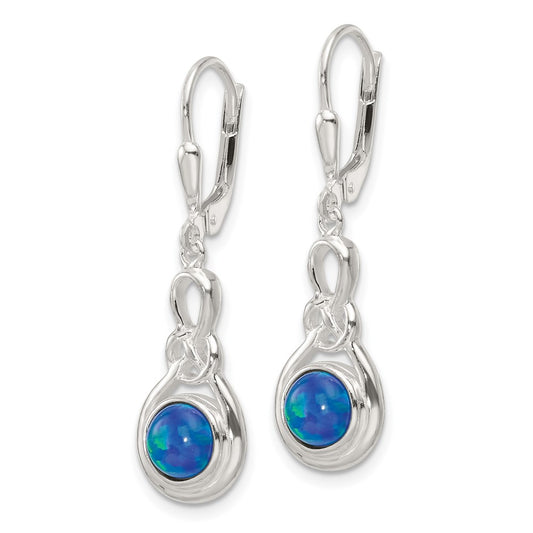 QE17451 Sterling Silver Polished Blue Opal Knot Leverback Dangle Earrings