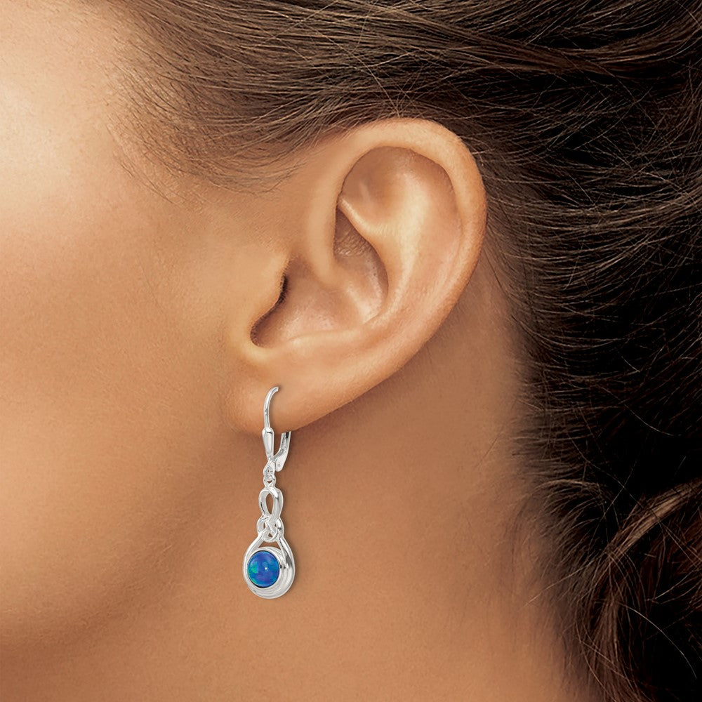 QE17451 Sterling Silver Polished Blue Opal Knot Leverback Dangle Earrings