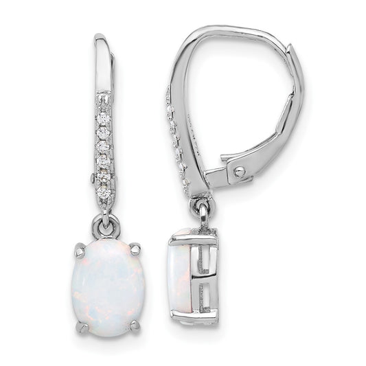 QE17453 Sterling Silver RH-plated CZ & Oval Cr. Opal Leverback Dangle Earrings