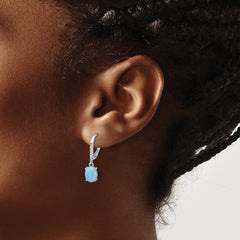 QE17454 Sterling Silver RH-plated CZ & Oval Blue Cr. Opal Leverback Dangle Earrings