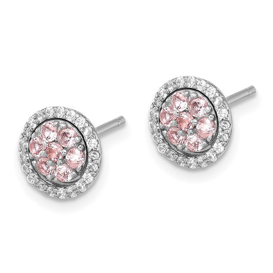 QE17464 Sterling Silver RH-pltd Pink Crystal Cluster w/ CZ Halo Jacket Post Earring
