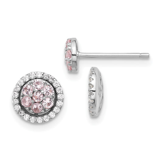 QE17464 Sterling Silver RH-pltd Pink Crystal Cluster w/ CZ Halo Jacket Post Earring