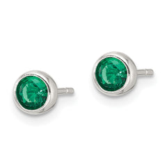QE17466 Sterling Silver Polished Green Glass Round Bezel Stud Earrings