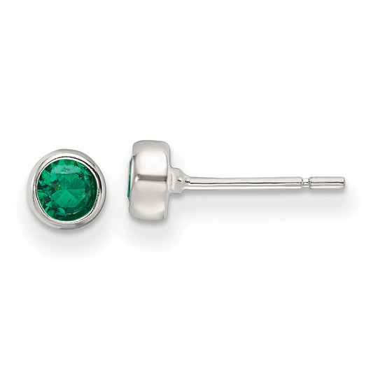 QE17466 Sterling Silver Polished Green Glass Round Bezel Stud Earrings