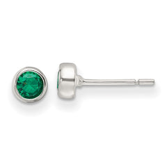 QE17466 Sterling Silver Polished Green Glass Round Bezel Stud Earrings
