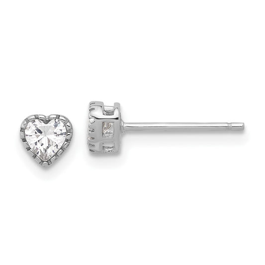 QE17498 Sterling Silver Rhodium-plated CZ Heart Post Earrings