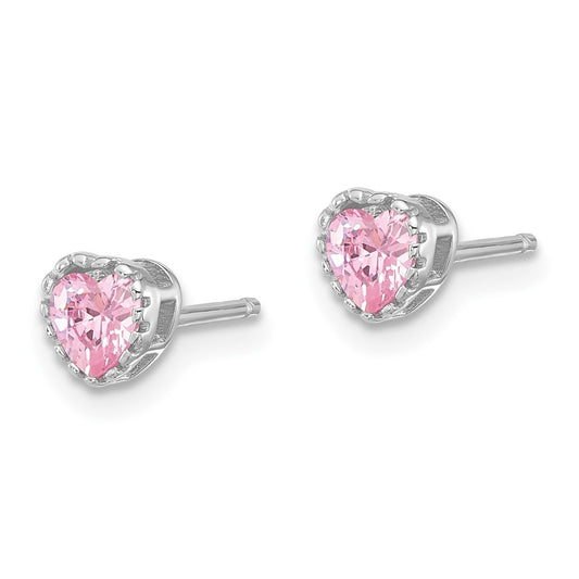 QE17499 Sterling Silver Rhodium-plated Pink CZ Heart Post Earrings