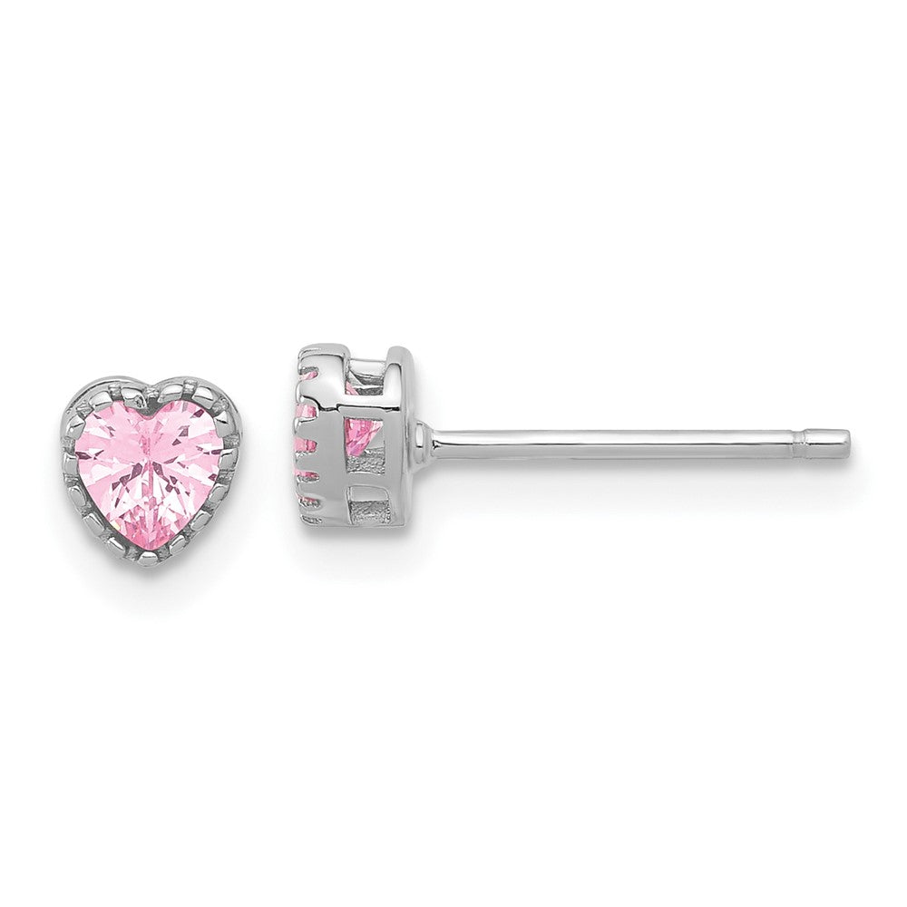 QE17499 Sterling Silver Rhodium-plated Pink CZ Heart Post Earrings