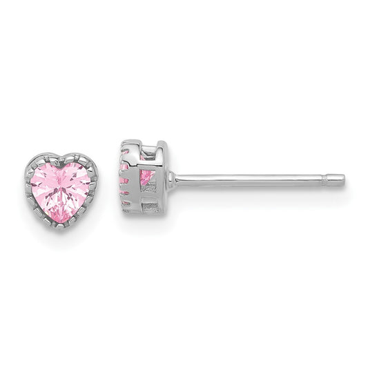 QE17499 Sterling Silver Rhodium-plated Pink CZ Heart Post Earrings