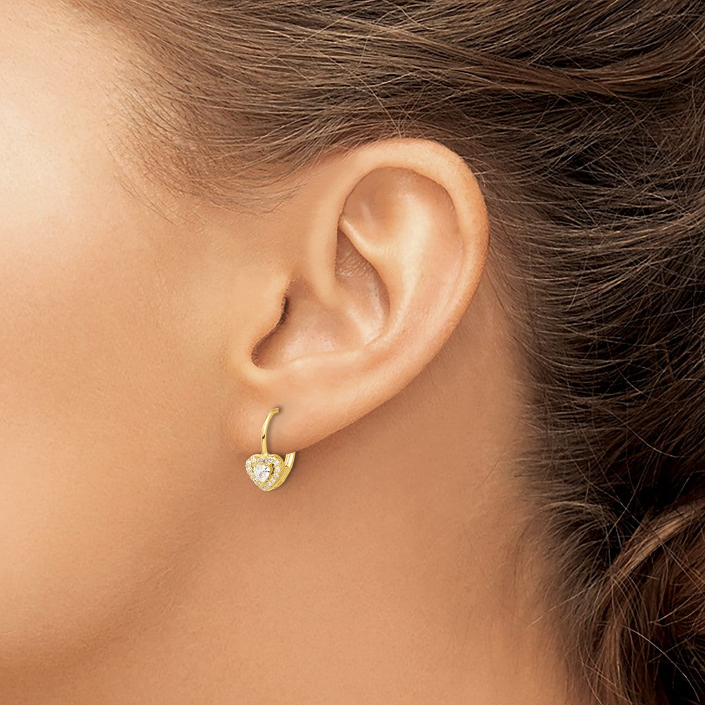 QE17515GP Sterling Silver Gold-tone CZ Heart Leverback Earrings
