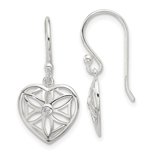 QE17530 Sterling Silver E-coated with CZ Heart Shepherd Hook Dangle Earrings