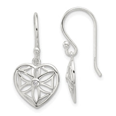 QE17530 Sterling Silver E-coated with CZ Heart Shepherd Hook Dangle Earrings