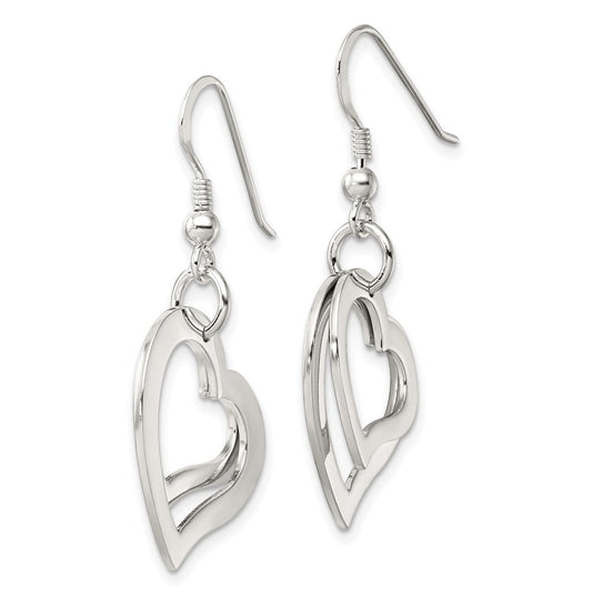 QE17533 Sterling Silver Polished Two piece Open Heart Shepherd Hook Earrings