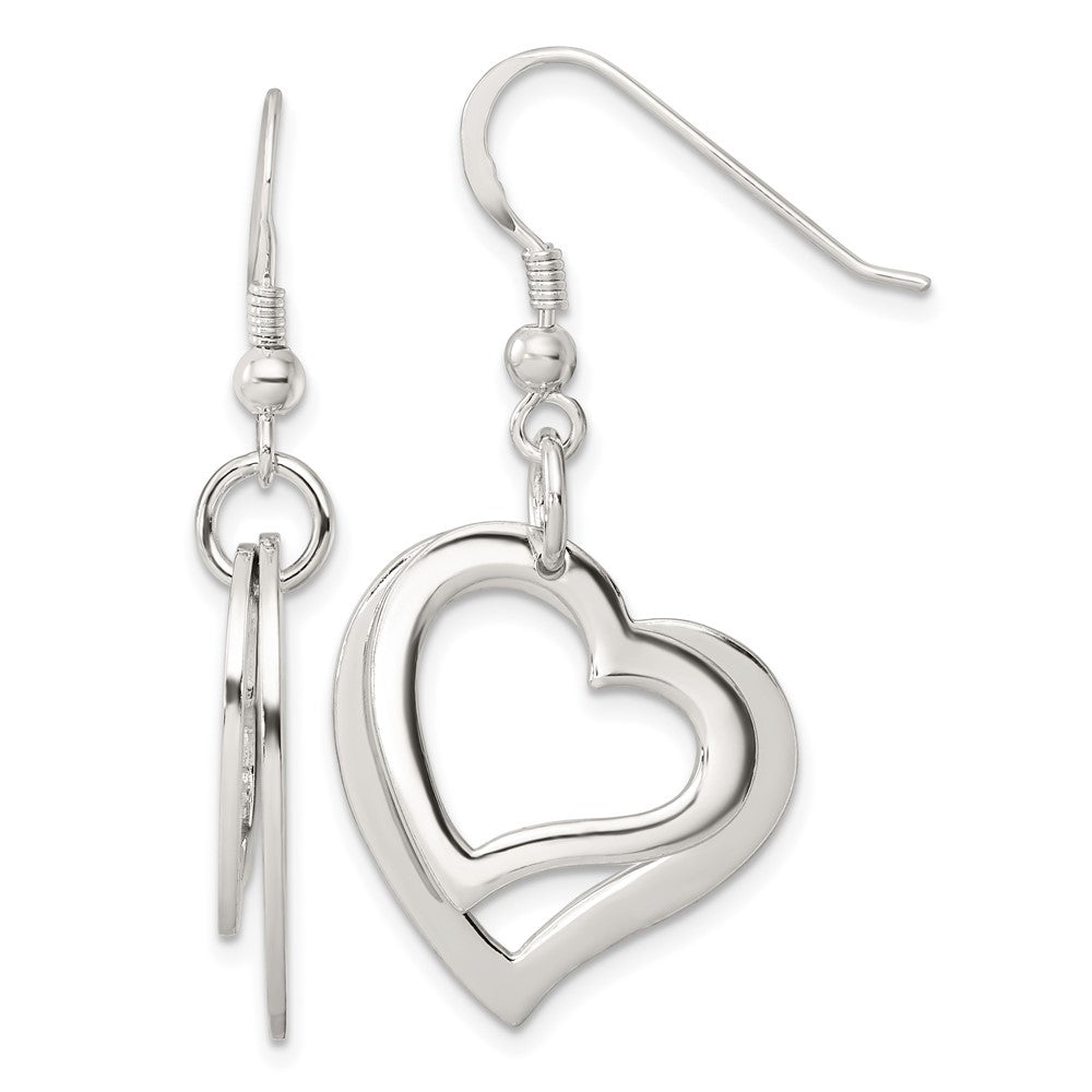 QE17533 Sterling Silver Polished Two piece Open Heart Shepherd Hook Earrings