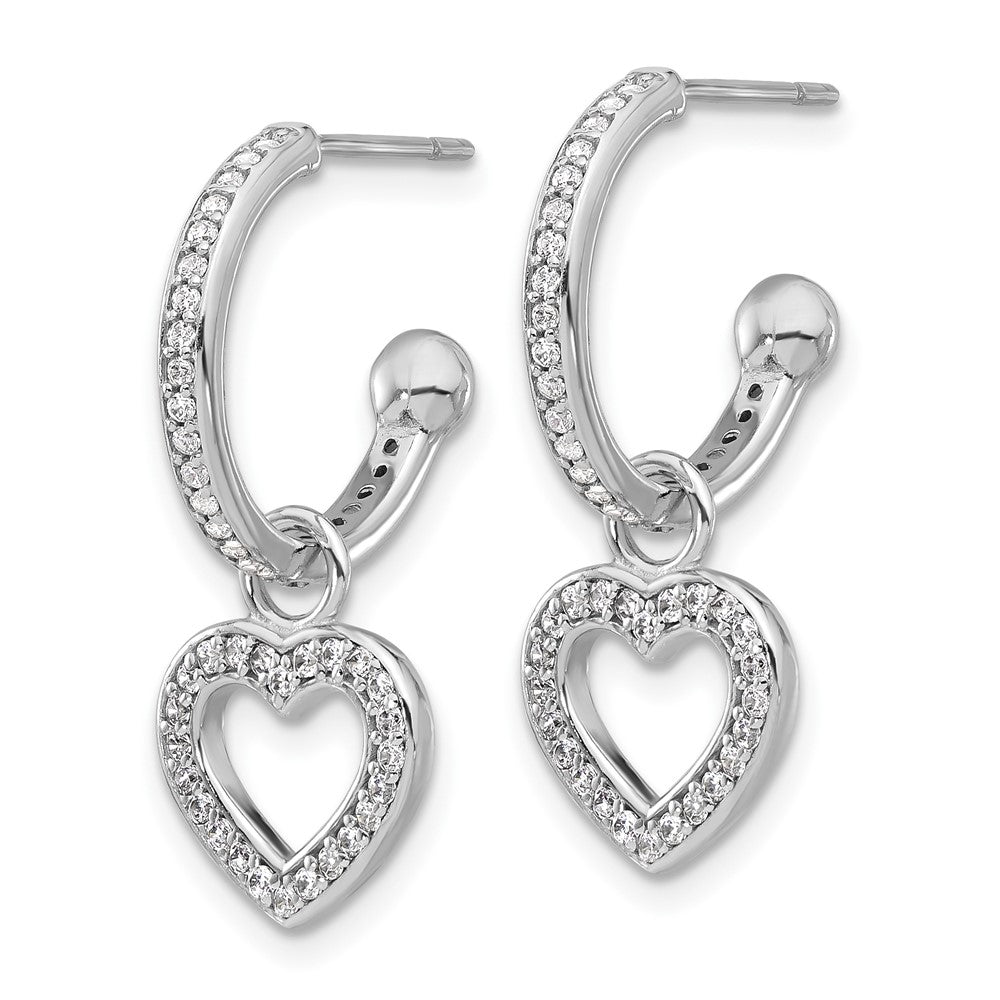 QE17534 Sterling Silver Rhod-plated Polished CZ Dangle Heart Hoop Post Earrings