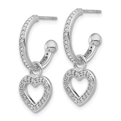 QE17534 Sterling Silver Rhod-plated Polished CZ Dangle Heart Hoop Post Earrings
