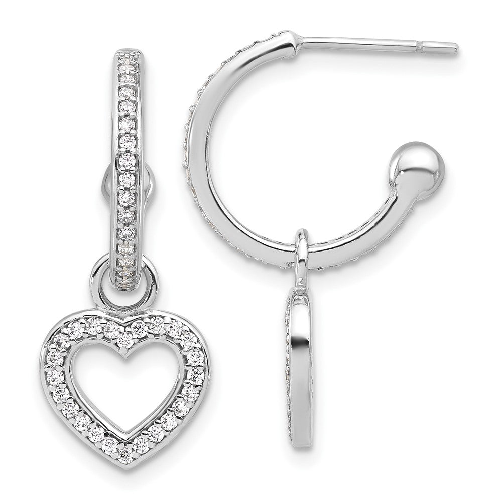 QE17534 Sterling Silver Rhod-plated Polished CZ Dangle Heart Hoop Post Earrings