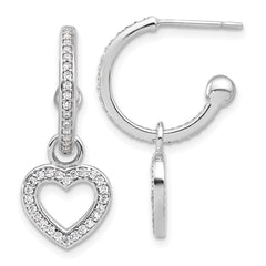 QE17534 Sterling Silver Rhod-plated Polished CZ Dangle Heart Hoop Post Earrings