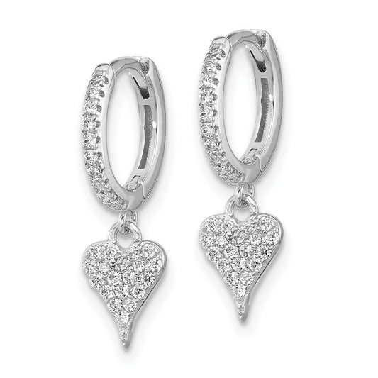 QE17535 Sterling Silver Rhodium-plated CZ Heart Dangle Hinged Hoop Earrings
