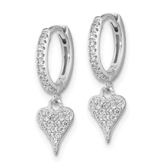 QE17535 Sterling Silver Rhodium-plated CZ Heart Dangle Hinged Hoop Earrings