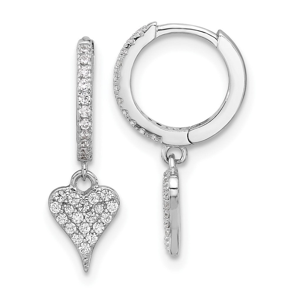QE17535 Sterling Silver Rhodium-plated CZ Heart Dangle Hinged Hoop Earrings